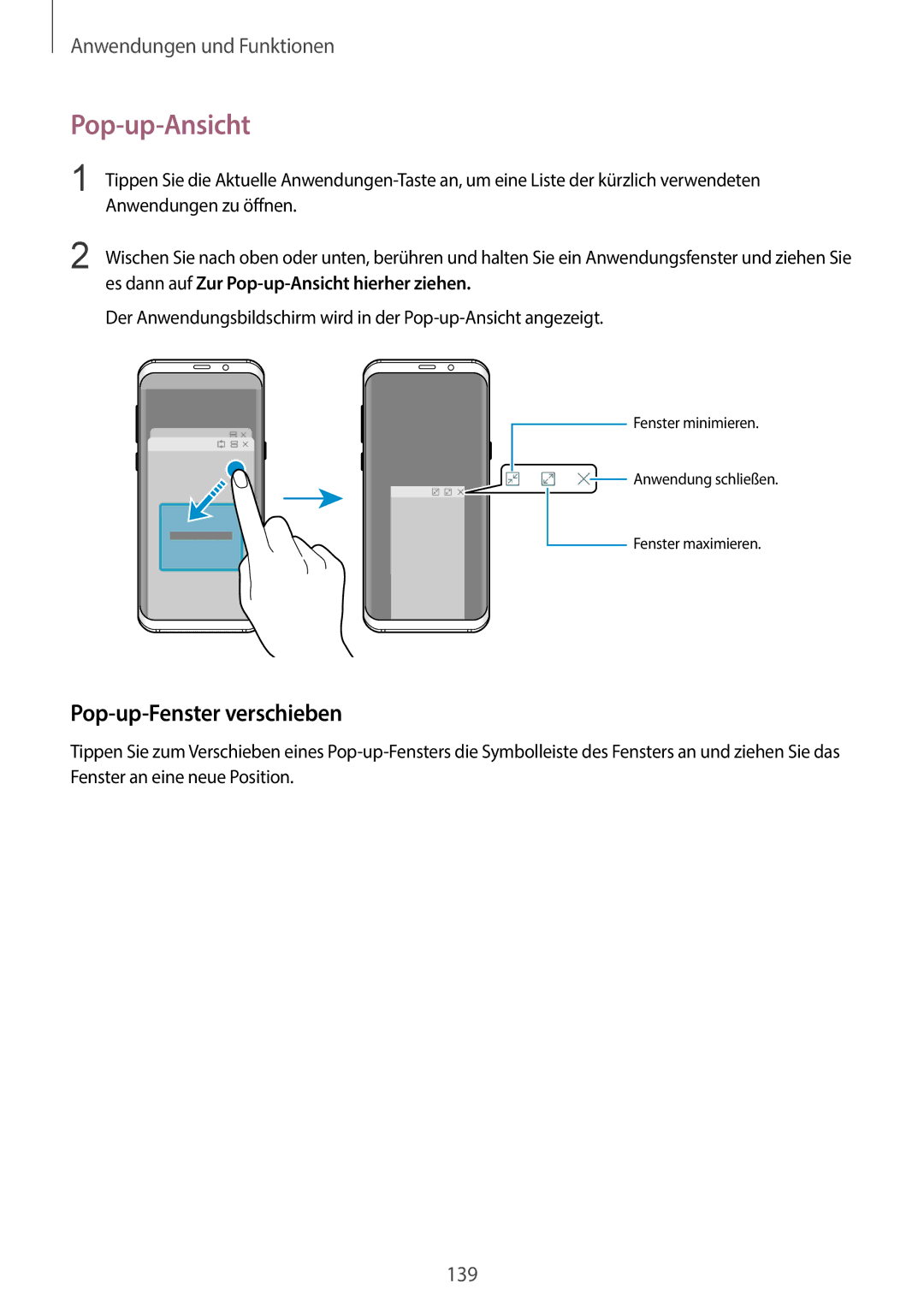 Samsung SM-G965FZAHDBT, SM-G960FZPDDBT manual Pop-up-Fenster verschieben, Es dann auf Zur Pop-up-Ansicht hierher ziehen 