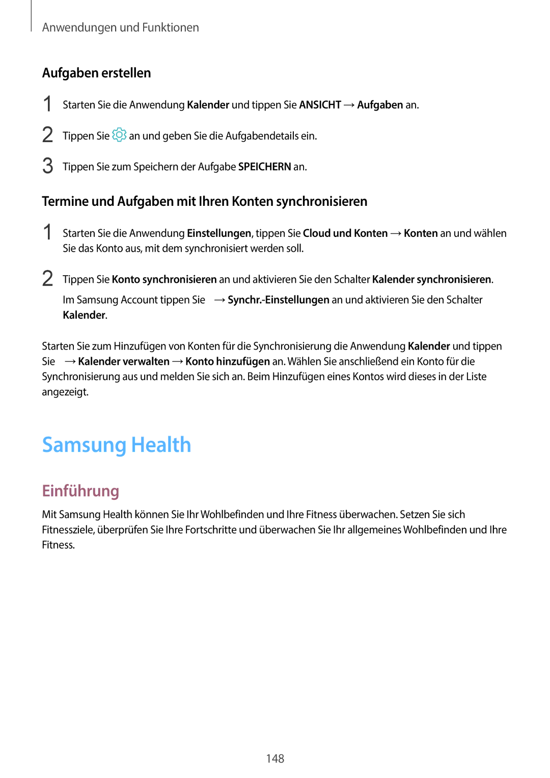 Samsung SM-G960FZPADBT manual Samsung Health, Aufgaben erstellen, Termine und Aufgaben mit Ihren Konten synchronisieren 