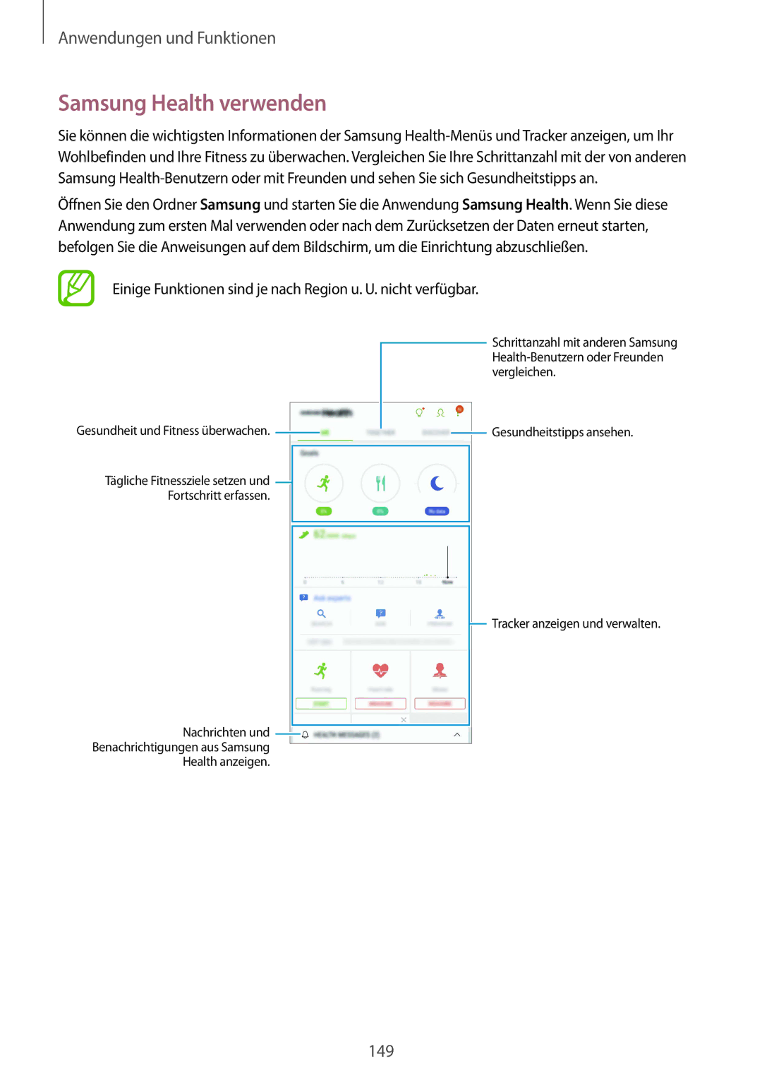 Samsung SM-G965FZKADBT manual Samsung Health verwenden, Einige Funktionen sind je nach Region u. U. nicht verfügbar 