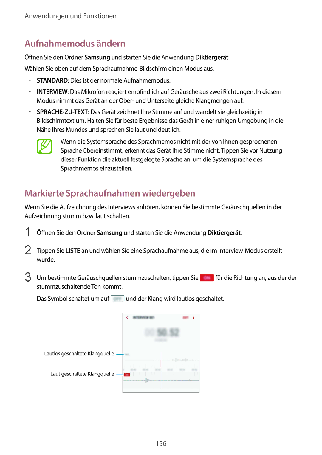 Samsung SM-G965FZPHDBT, SM-G960FZPDDBT, SM-G960FZAHDBT manual Aufnahmemodus ändern, Markierte Sprachaufnahmen wiedergeben 