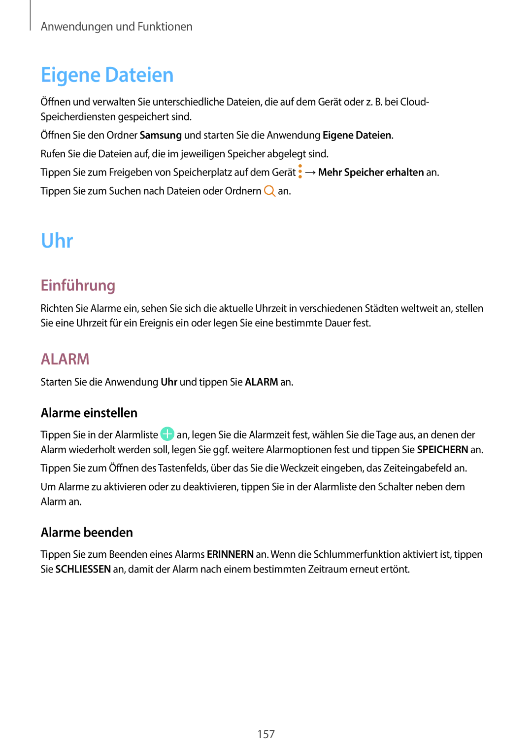 Samsung SM-G965FZKDDBT, SM-G960FZPDDBT, SM-G960FZAHDBT manual Eigene Dateien, Uhr, Alarme einstellen, Alarme beenden 