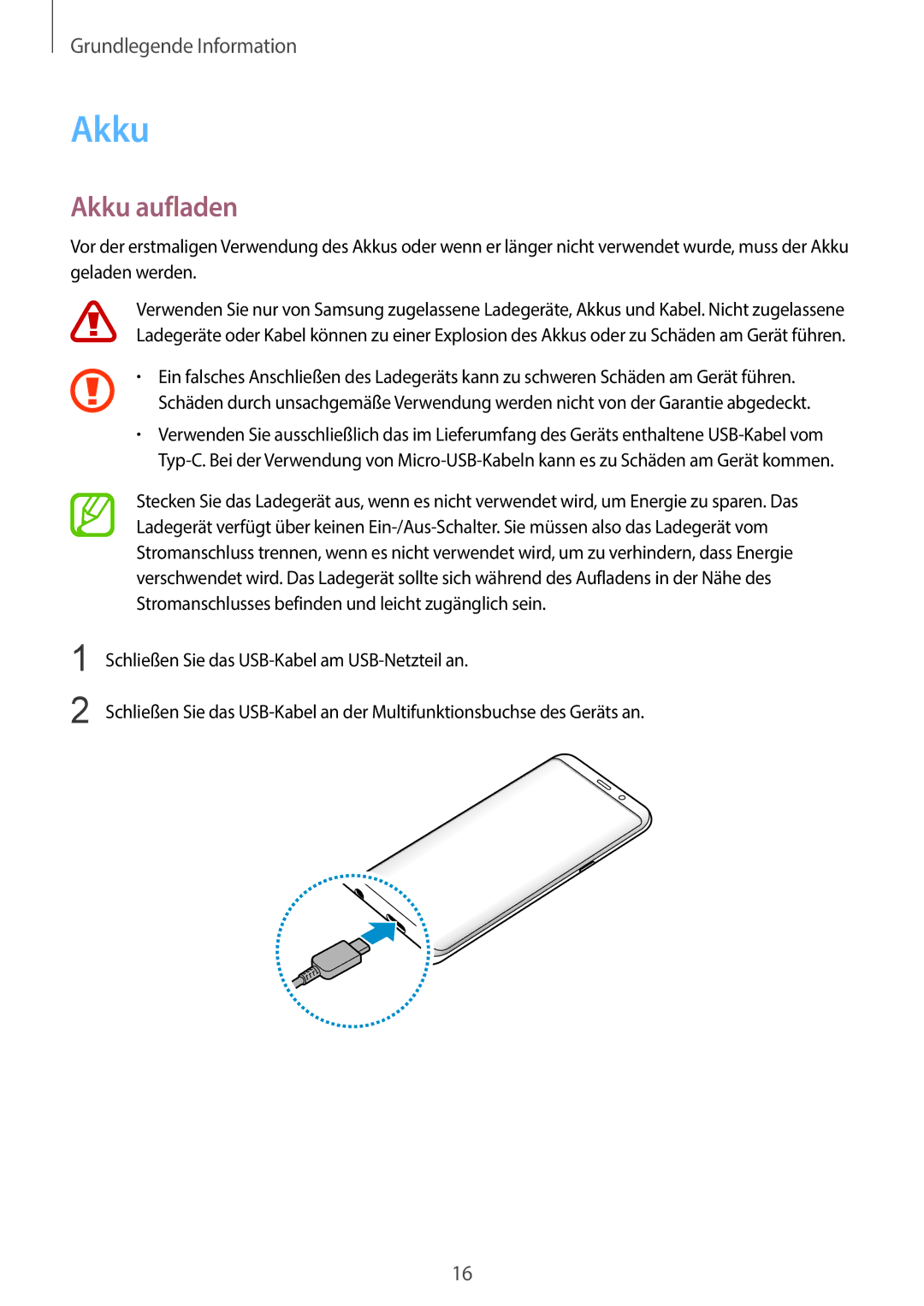 Samsung SM-G960FZPDDBT, SM-G960FZAHDBT, SM-G960FZBDDBT, SM-G960FZBADBT, SM-G960FZPADBT, SM-G965FZKADBT manual Akku aufladen 