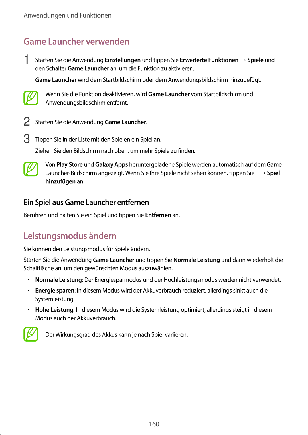 Samsung SM-G960FZPDDBT manual Game Launcher verwenden, Leistungsmodus ändern, Ein Spiel aus Game Launcher entfernen 