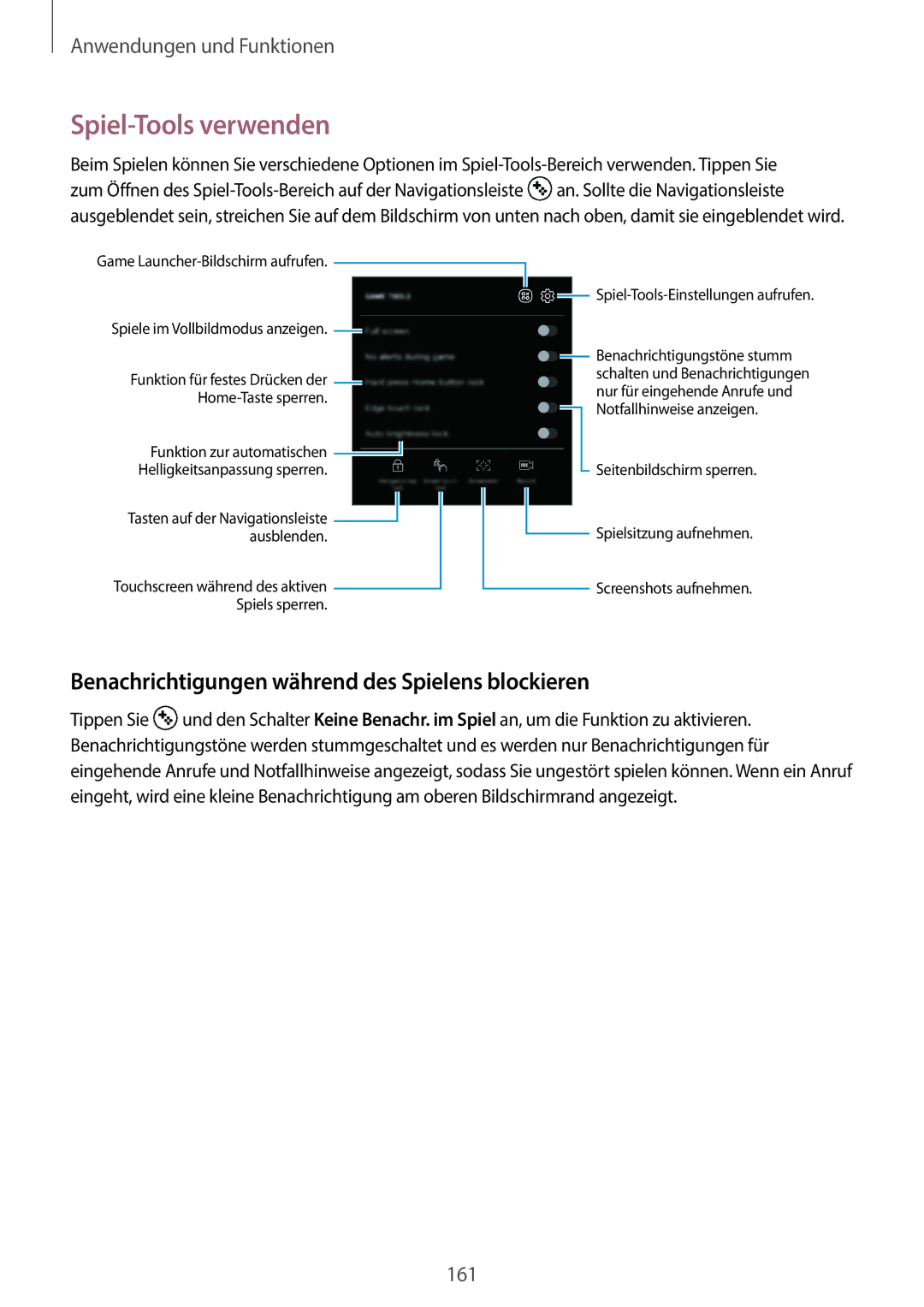 Samsung SM-G960FZAHDBT, SM-G960FZPDDBT manual Spiel-Tools verwenden, Benachrichtigungen während des Spielens blockieren 