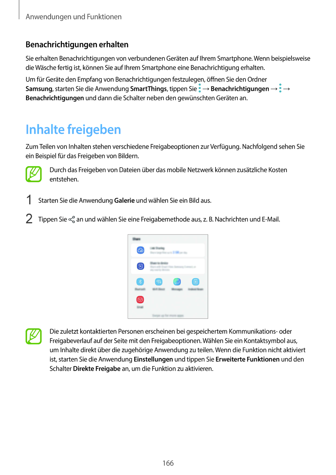 Samsung SM-G965FZBADBT, SM-G960FZPDDBT, SM-G960FZAHDBT, SM-G960FZBDDBT manual Inhalte freigeben, Benachrichtigungen erhalten 