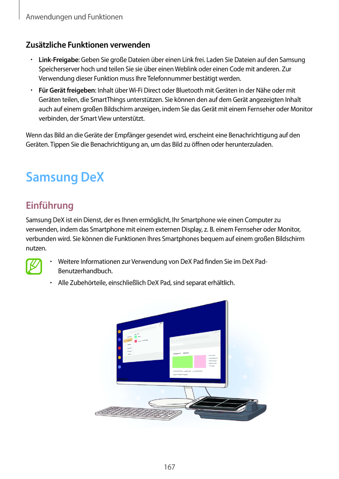 Samsung SM-G965FZPADBT, SM-G960FZPDDBT, SM-G960FZAHDBT, SM-G960FZBDDBT manual Samsung DeX, Zusätzliche Funktionen verwenden 