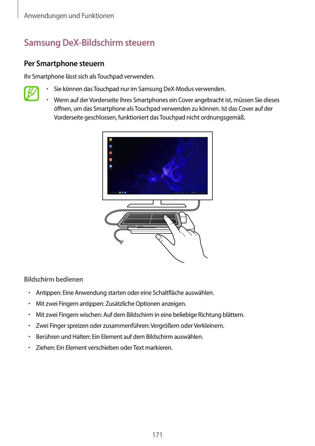 Samsung SM-G965FZAHDBT, SM-G960FZPDDBT manual Samsung DeX-Bildschirm steuern, Per Smartphone steuern, Bildschirm bedienen 