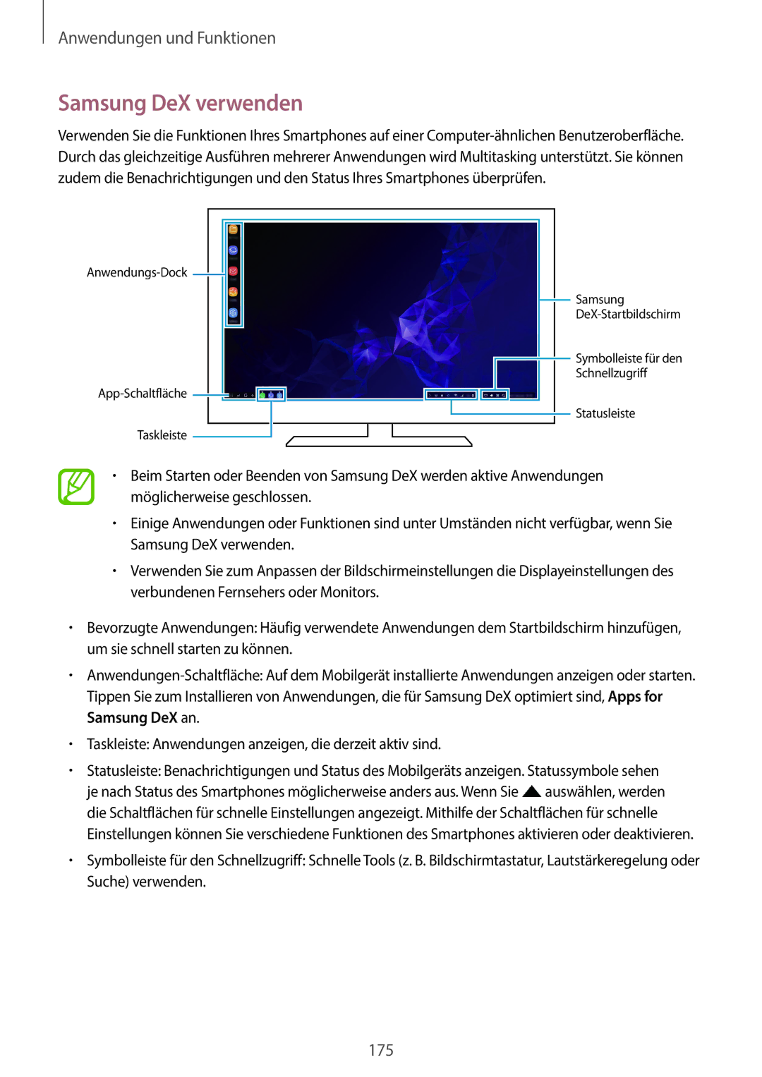 Samsung SM-G960FZKDDBT, SM-G960FZPDDBT, SM-G960FZAHDBT, SM-G960FZBDDBT, SM-G960FZBADBT, SM-G960FZPADBT Samsung DeX verwenden 