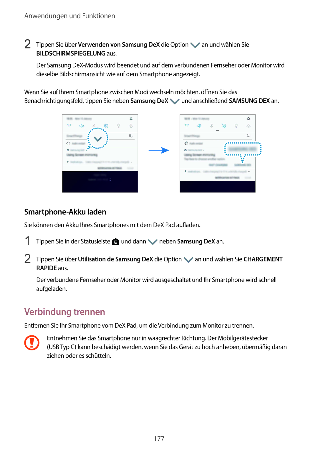 Samsung SM-G960FZAHDBT, SM-G960FZPDDBT Verbindung trennen, Smartphone-Akku laden, Bildschirmspiegelung aus, Rapide aus 