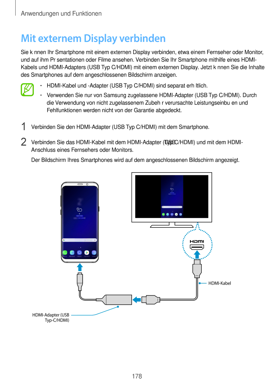 Samsung SM-G960FZBDDBT, SM-G960FZPDDBT, SM-G960FZAHDBT, SM-G960FZBADBT, SM-G960FZPADBT manual Mit externem Display verbinden 