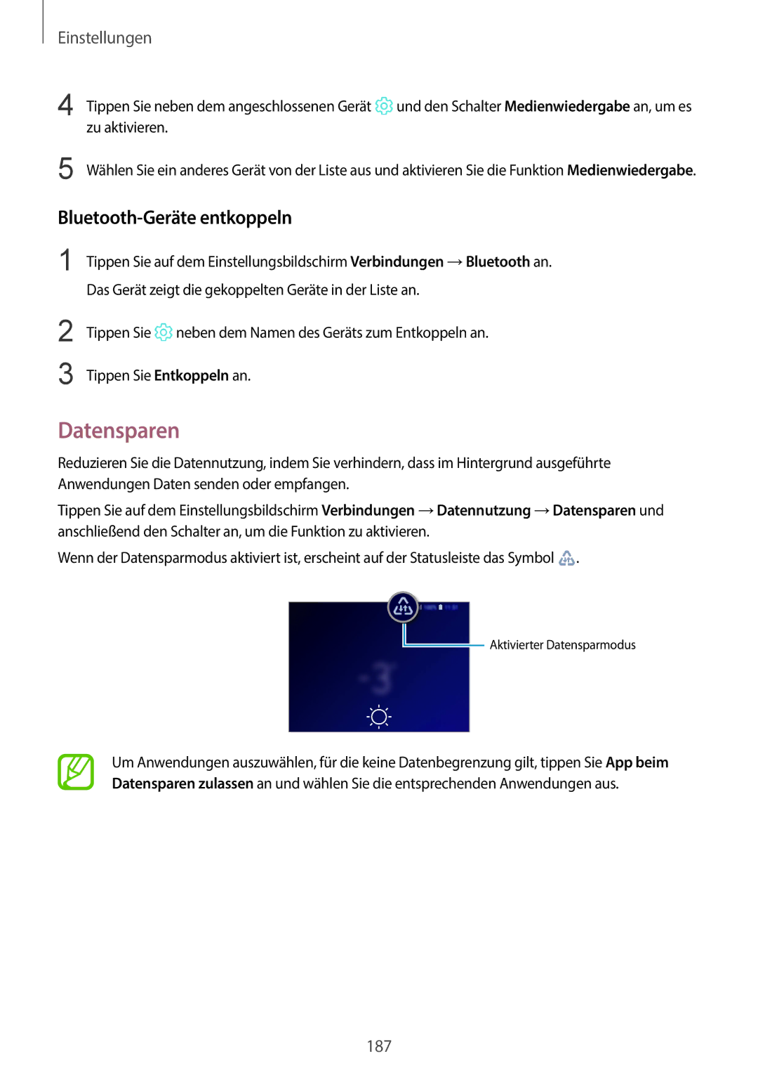 Samsung SM-G965FZAHDBT, SM-G960FZPDDBT, SM-G960FZAHDBT, SM-G960FZBDDBT manual Datensparen, Bluetooth-Geräte entkoppeln 