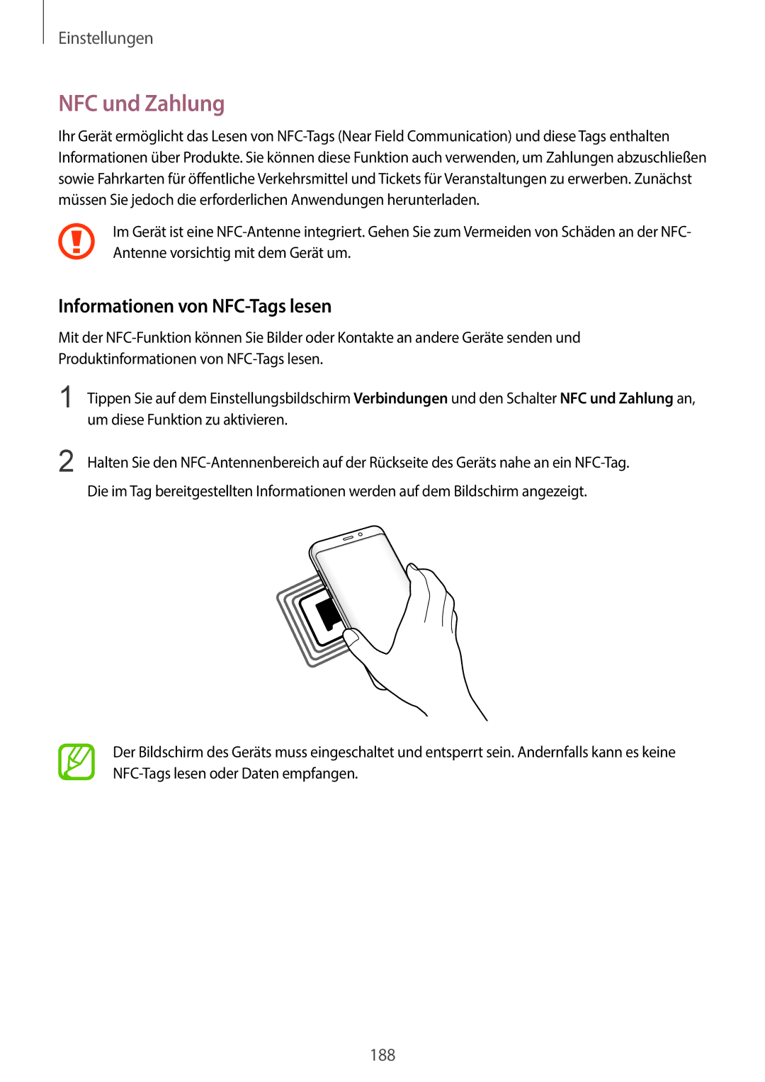 Samsung SM-G965FZPHDBT, SM-G960FZPDDBT NFC und Zahlung, Informationen von NFC-Tags lesen, Um diese Funktion zu aktivieren 