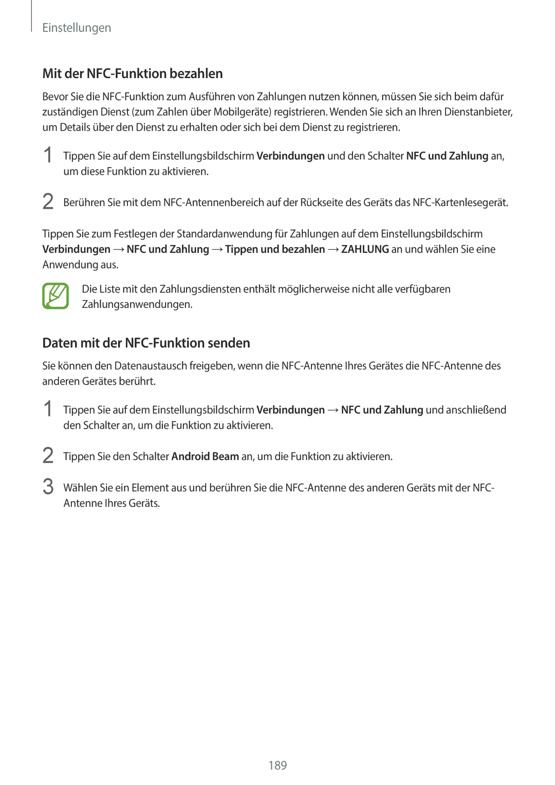 Samsung SM-G965FZKDDBT, SM-G960FZPDDBT, SM-G960FZAHDBT Mit der NFC-Funktion bezahlen, Daten mit der NFC-Funktion senden 