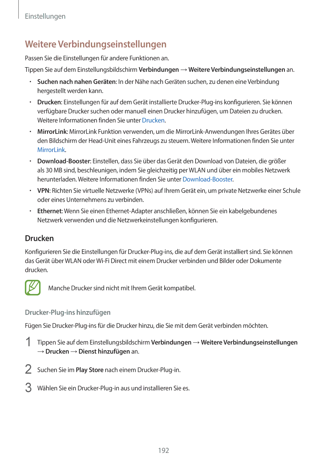 Samsung SM-G960FZPDDBT, SM-G960FZAHDBT manual Weitere Verbindungseinstellungen, Drucken, Drucker-Plug-ins hinzufügen 