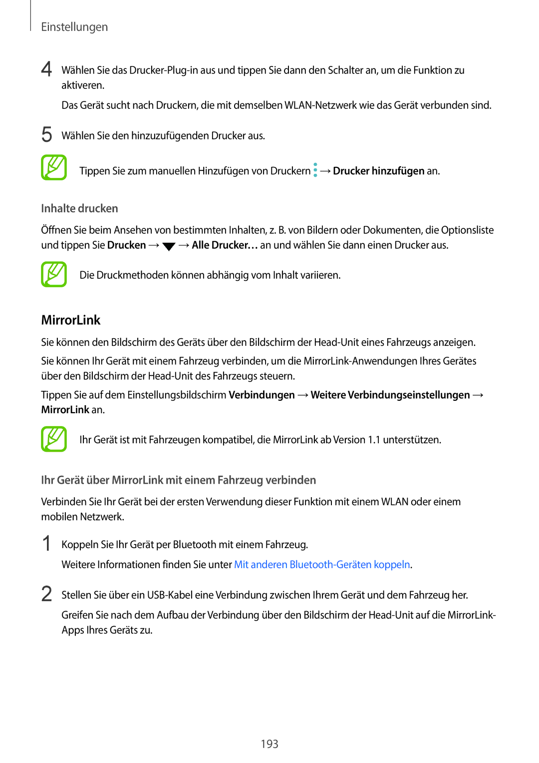 Samsung SM-G960FZAHDBT, SM-G960FZPDDBT manual Inhalte drucken, Ihr Gerät über MirrorLink mit einem Fahrzeug verbinden 