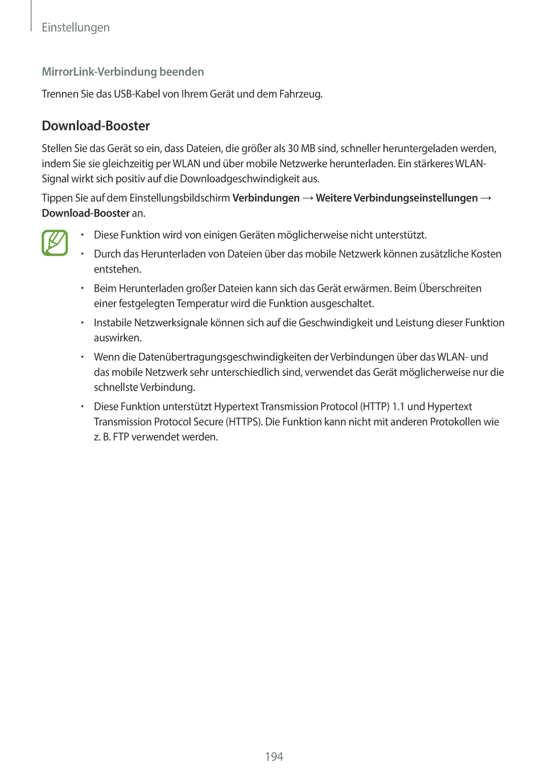 Samsung SM-G960FZBDDBT, SM-G960FZPDDBT, SM-G960FZAHDBT, SM-G960FZBADBT manual Download-Booster, MirrorLink-Verbindung beenden 