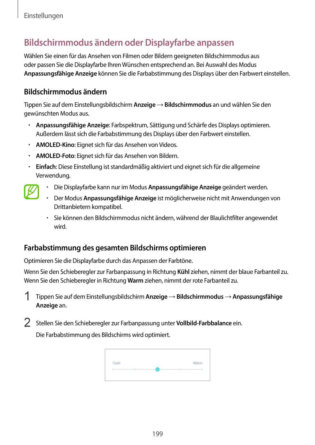 Samsung SM-G965FZPADBT, SM-G960FZPDDBT, SM-G960FZAHDBT manual Bildschirmmodus ändern oder Displayfarbe anpassen, Anzeige an 