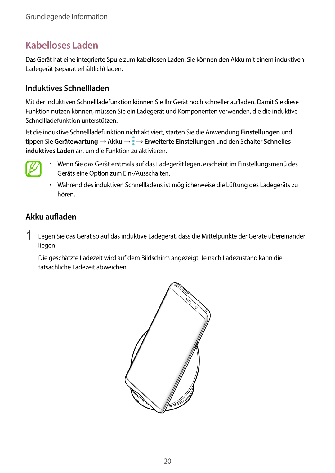 Samsung SM-G960FZPADBT, SM-G960FZPDDBT, SM-G960FZAHDBT manual Kabelloses Laden, Induktives Schnellladen, Akku aufladen 