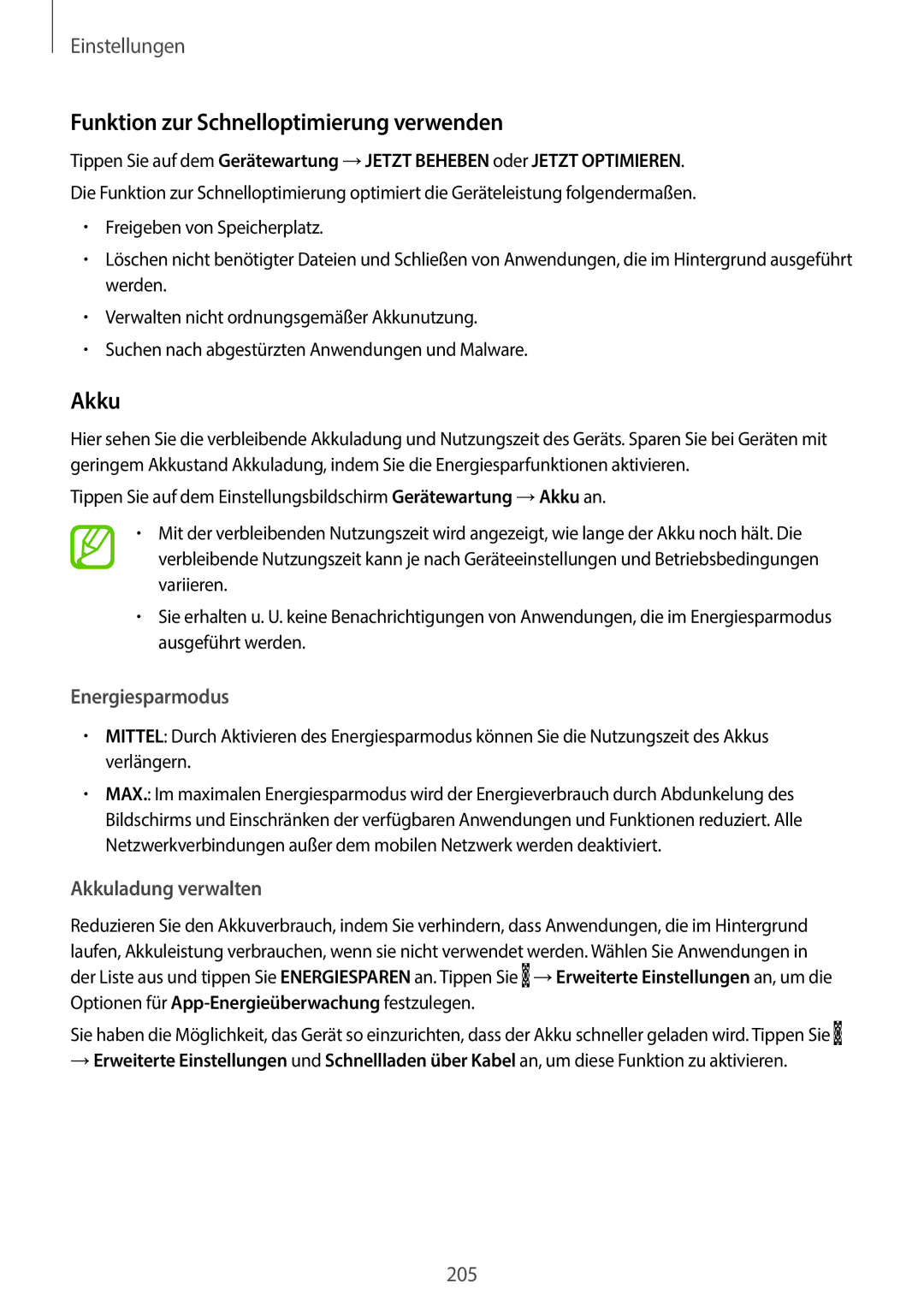 Samsung SM-G965FZKDDBT manual Funktion zur Schnelloptimierung verwenden, Energiesparmodus, Akkuladung verwalten 