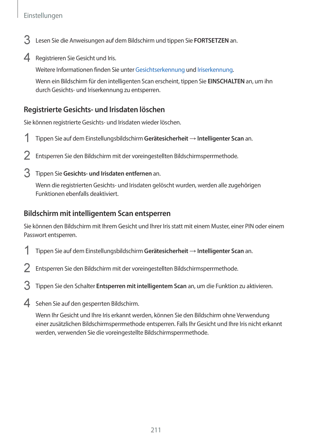 Samsung SM-G960FZBADBT manual Registrierte Gesichts- und Irisdaten löschen, Bildschirm mit intelligentem Scan entsperren 