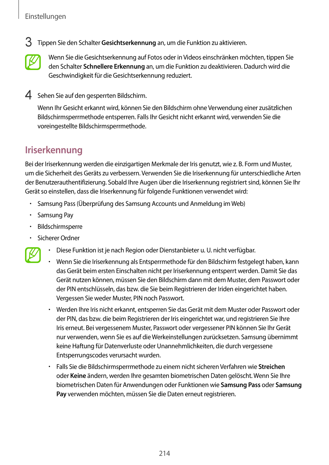 Samsung SM-G965FZBADBT, SM-G960FZPDDBT, SM-G960FZAHDBT manual Iriserkennung, Vergessen Sie weder Muster, PIN noch Passwort 