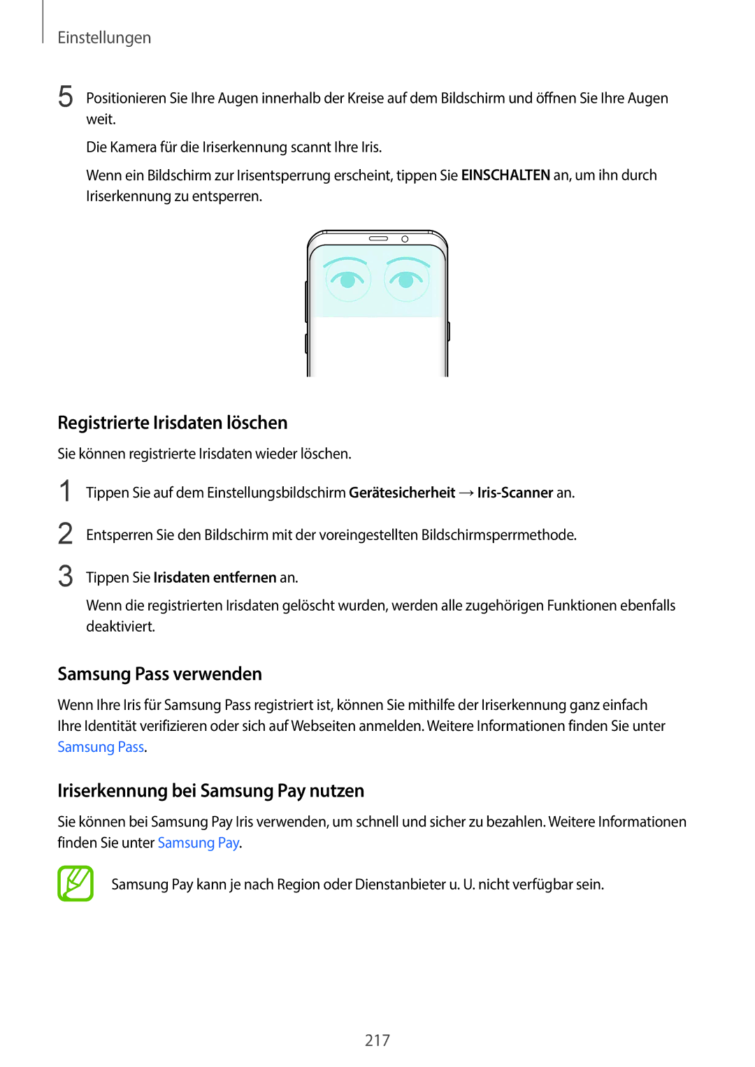 Samsung SM-G965FZKHDBT manual Registrierte Irisdaten löschen, Samsung Pass verwenden, Iriserkennung bei Samsung Pay nutzen 