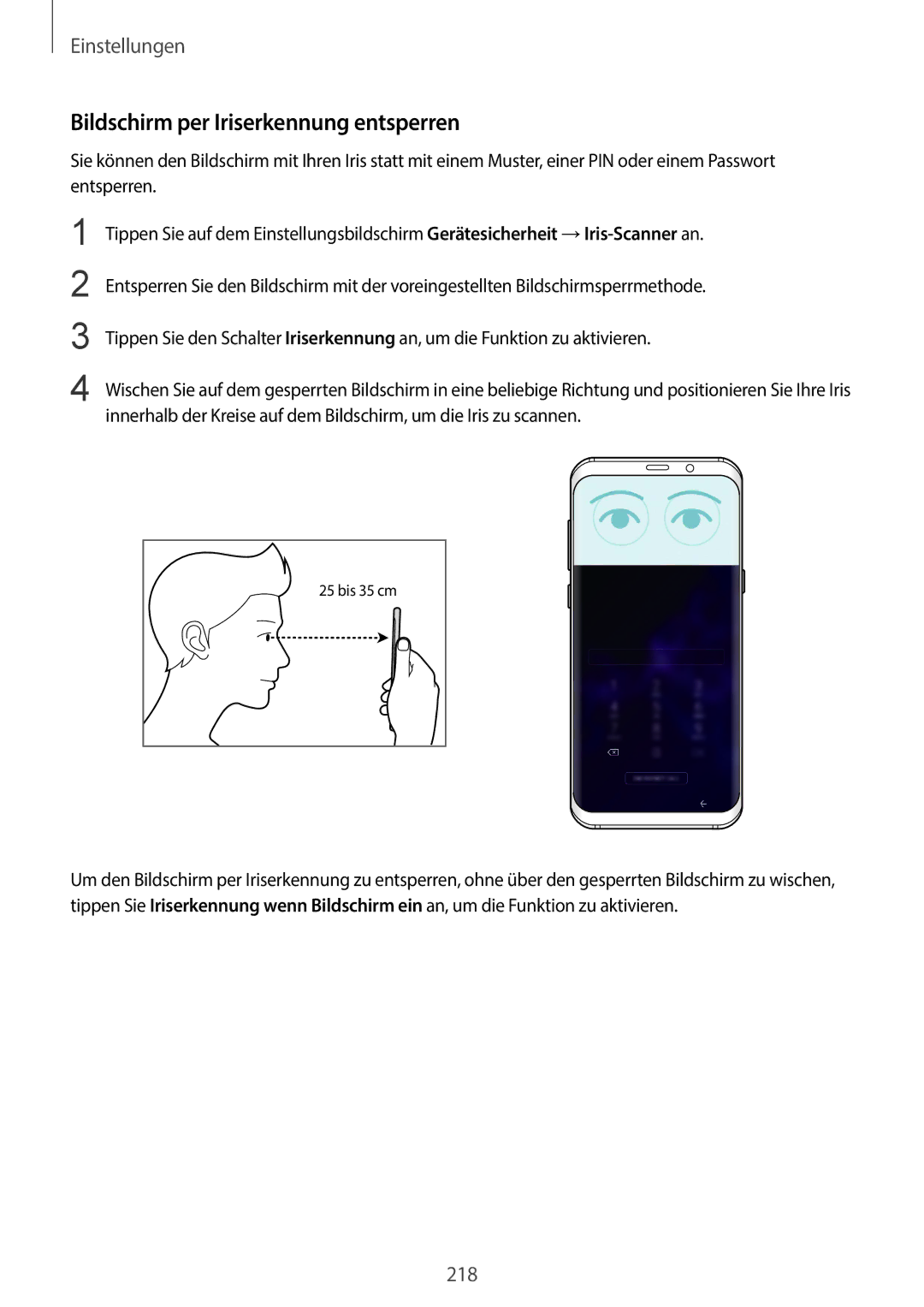 Samsung SM-G965FZPDDBT, SM-G960FZPDDBT, SM-G960FZAHDBT, SM-G960FZBDDBT manual Bildschirm per Iriserkennung entsperren 