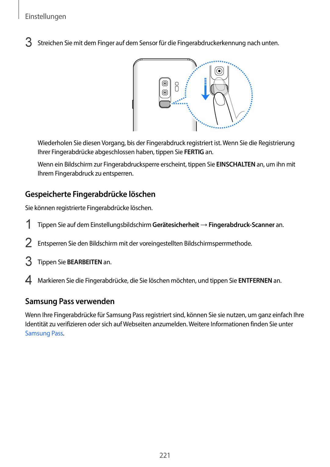 Samsung SM-G965FZKDDBT, SM-G960FZPDDBT, SM-G960FZAHDBT manual Gespeicherte Fingerabdrücke löschen, Samsung Pass verwenden 