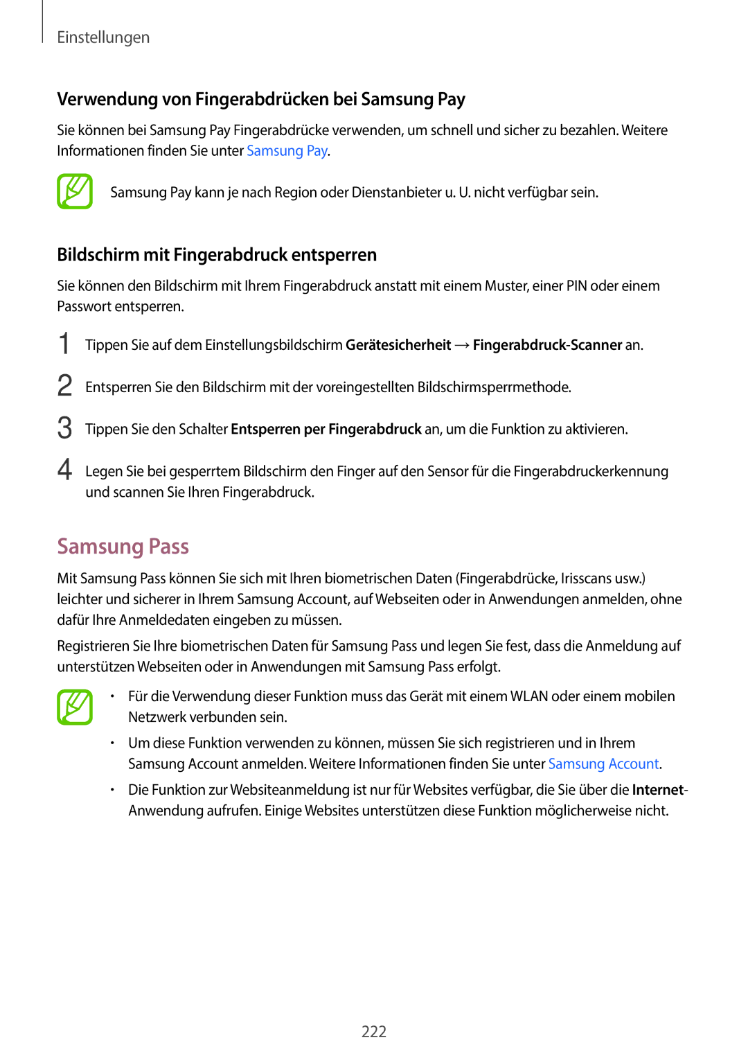 Samsung SM-G960FZKHDBT, SM-G960FZPDDBT, SM-G960FZAHDBT manual Samsung Pass, Verwendung von Fingerabdrücken bei Samsung Pay 