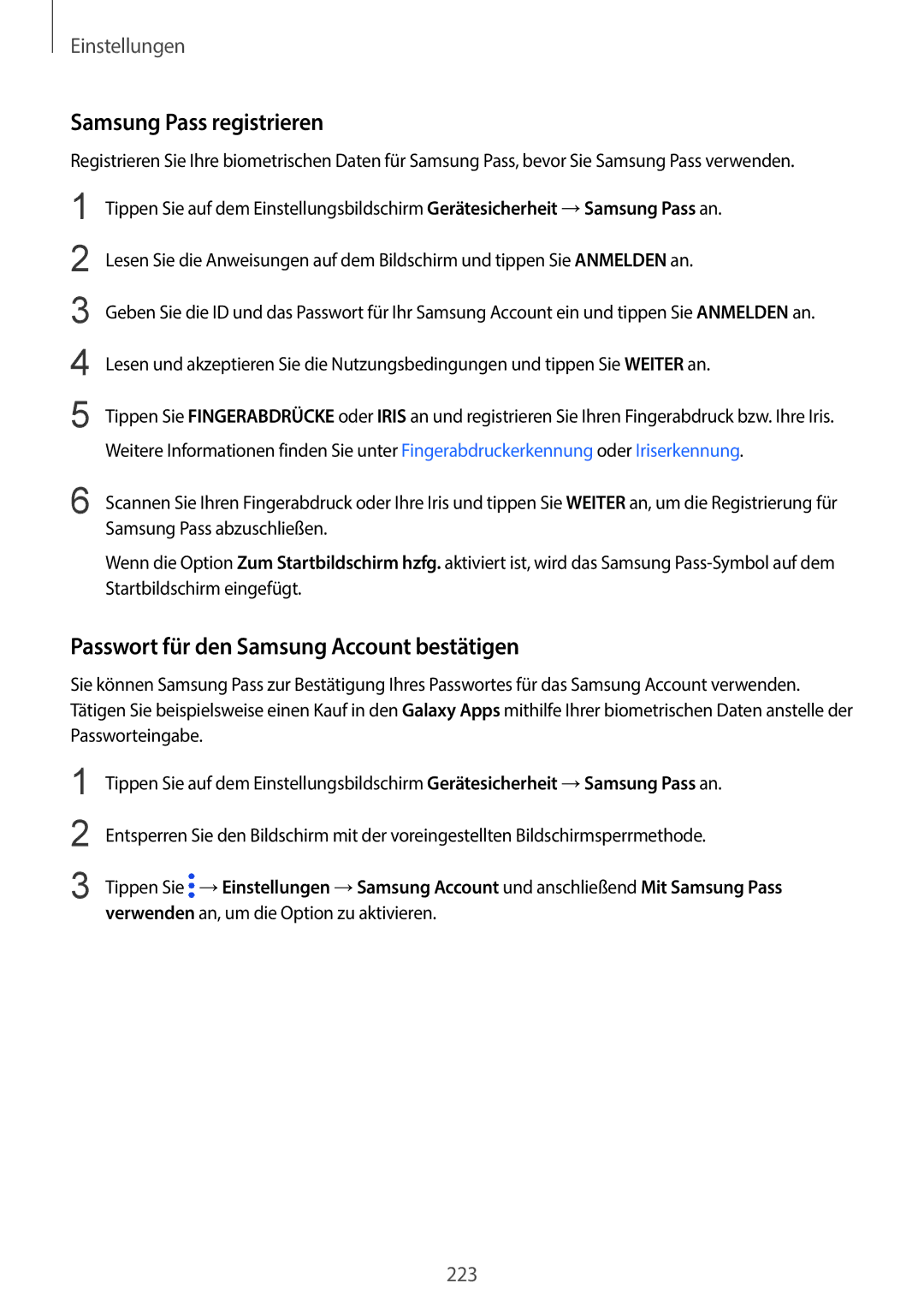 Samsung SM-G960FZKDDBT, SM-G960FZPDDBT manual Samsung Pass registrieren, Passwort für den Samsung Account bestätigen 