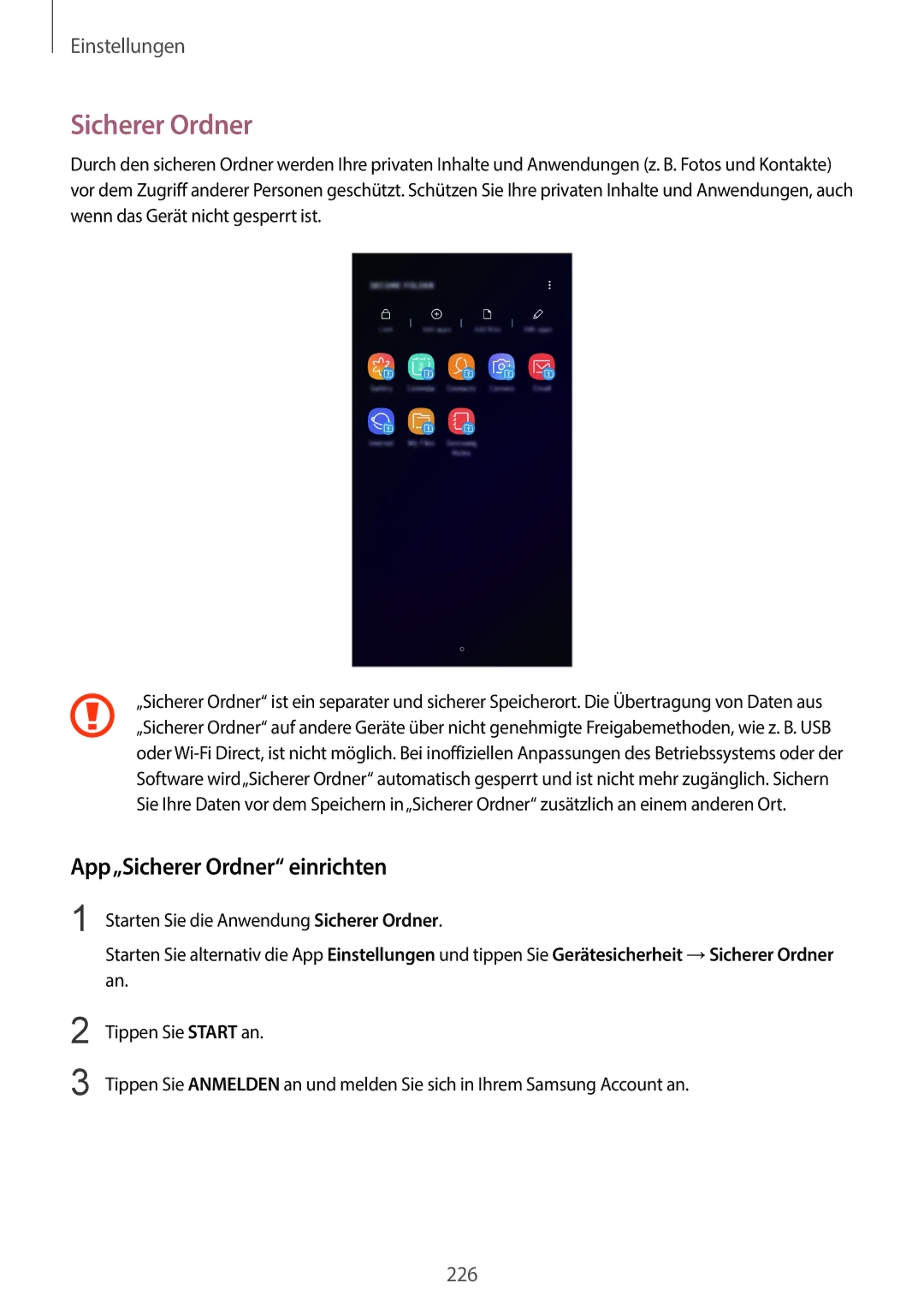 Samsung SM-G960FZBDDBT, SM-G960FZPDDBT, SM-G960FZAHDBT, SM-G960FZBADBT, SM-G960FZPADBT App„Sicherer Ordner einrichten 