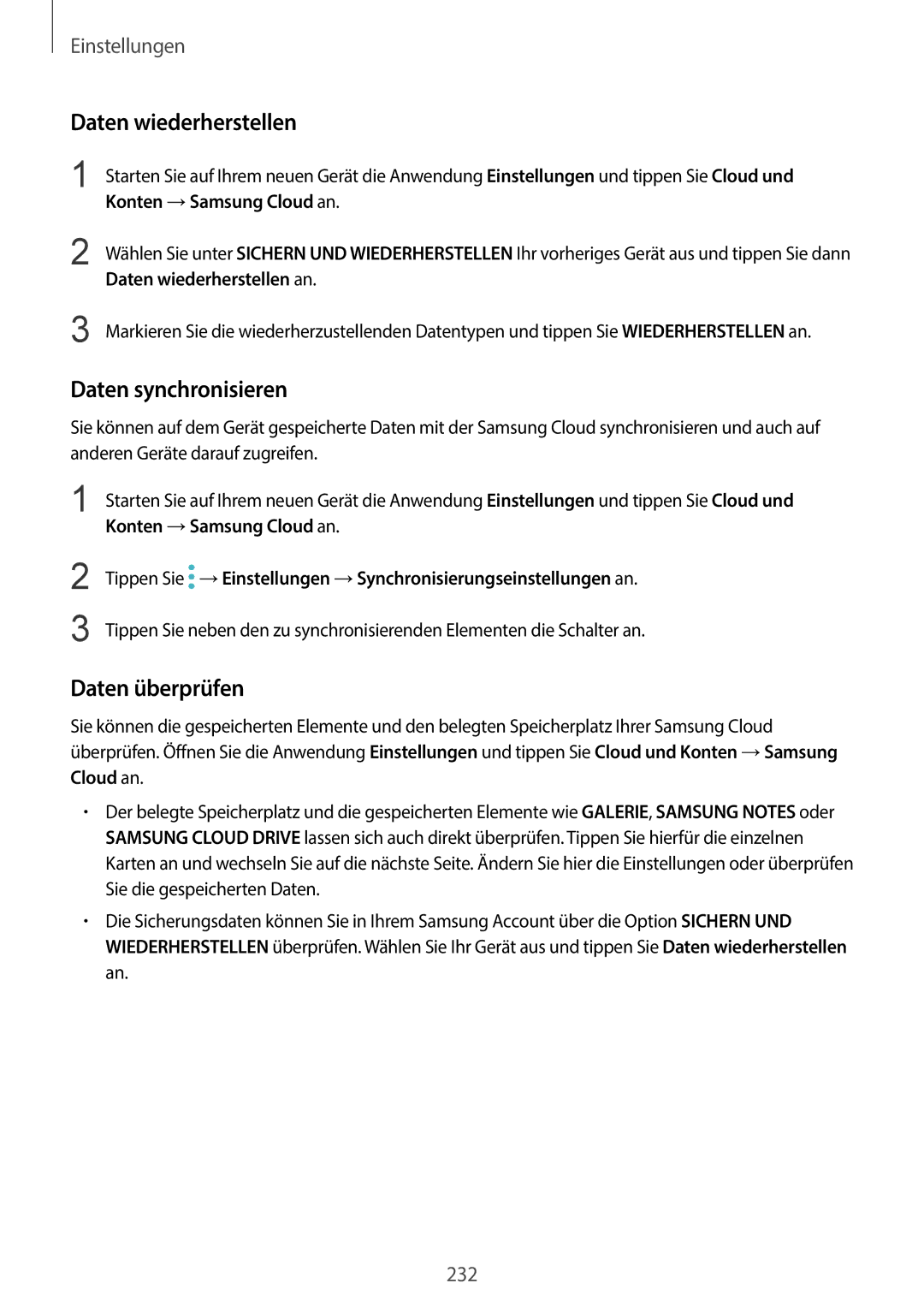 Samsung SM-G965FZBDDBT, SM-G960FZPDDBT, SM-G960FZAHDBT manual Daten wiederherstellen, Daten synchronisieren, Daten überprüfen 