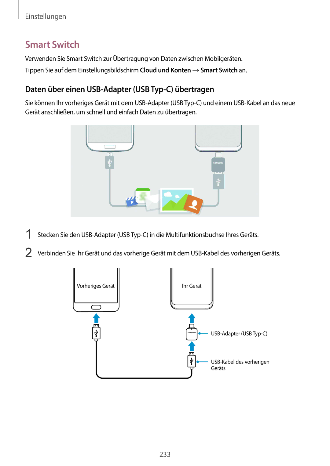 Samsung SM-G965FZKHDBT, SM-G960FZPDDBT, SM-G960FZAHDBT manual Smart Switch, Daten über einen USB-Adapter USB Typ-C übertragen 