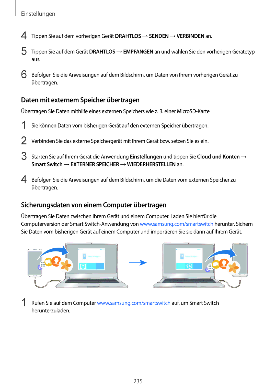 Samsung SM-G965FZAHDBT manual Daten mit externem Speicher übertragen, Sicherungsdaten von einem Computer übertragen 