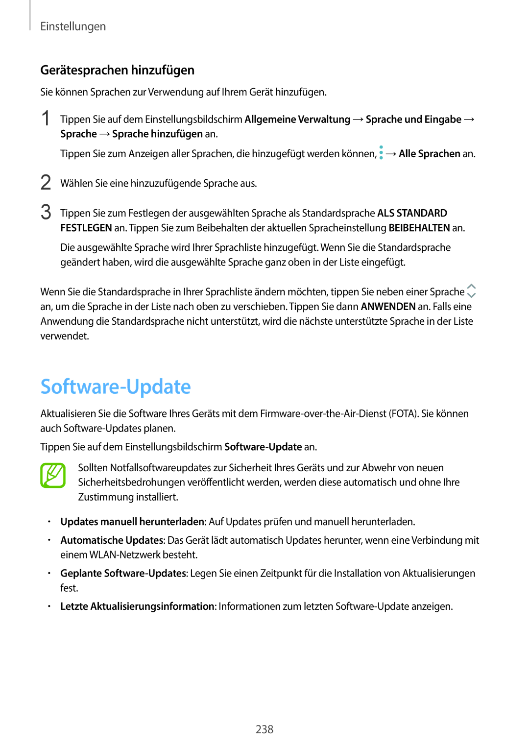 Samsung SM-G960FZKHDBT, SM-G960FZPDDBT, SM-G960FZAHDBT, SM-G960FZBDDBT manual Software-Update, Gerätesprachen hinzufügen 