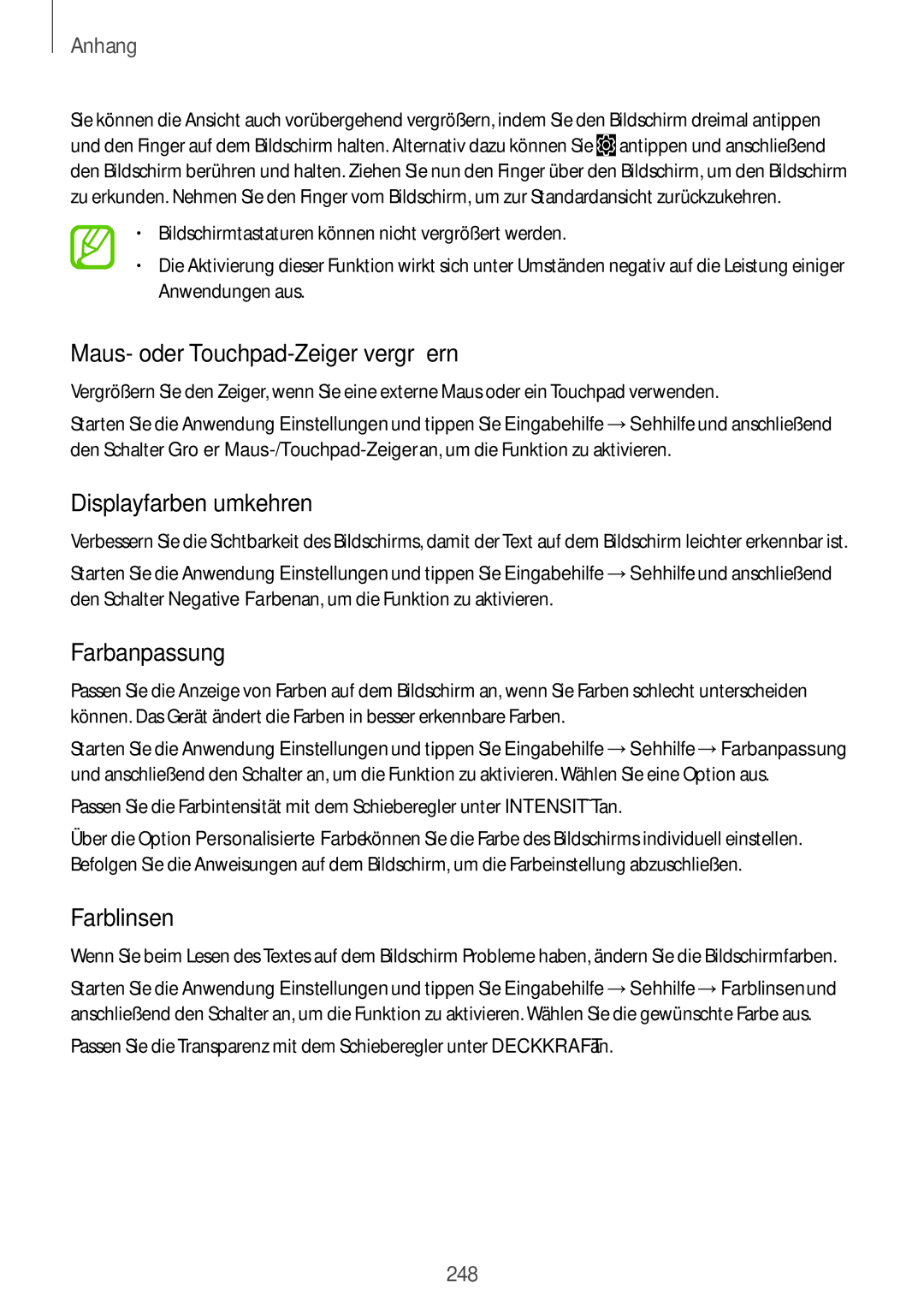 Samsung SM-G965FZBDDBT manual Maus- oder Touchpad-Zeiger vergrößern, Displayfarben umkehren, Farbanpassung, Farblinsen 