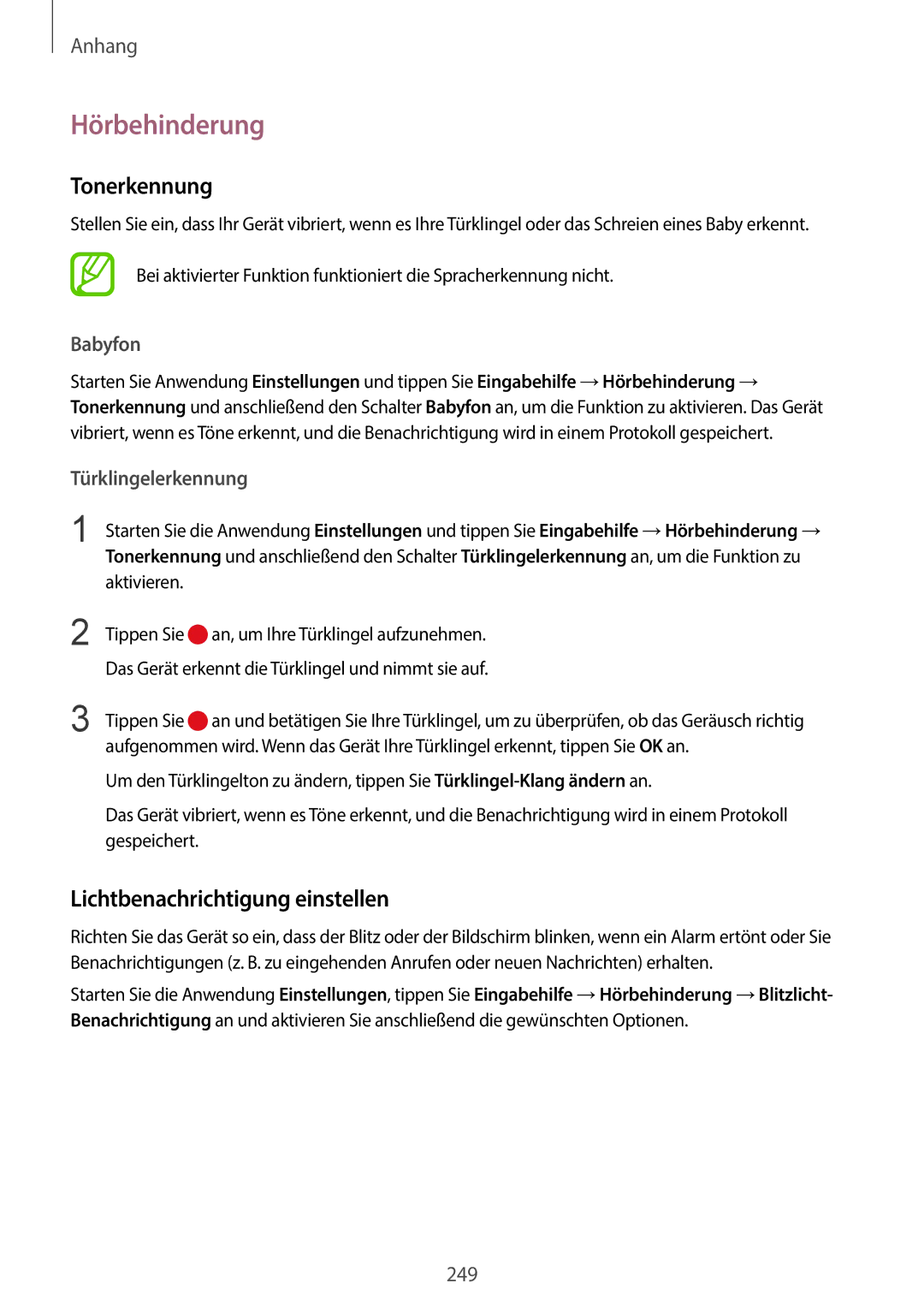 Samsung SM-G965FZKHDBT manual Hörbehinderung, Tonerkennung, Lichtbenachrichtigung einstellen, Babyfon, Türklingelerkennung 