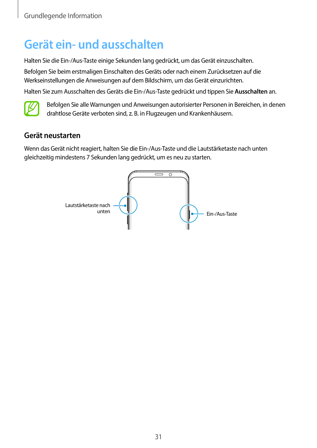 Samsung SM-G960FZKDDBT, SM-G960FZPDDBT, SM-G960FZAHDBT, SM-G960FZBDDBT manual Gerät ein- und ausschalten, Gerät neustarten 