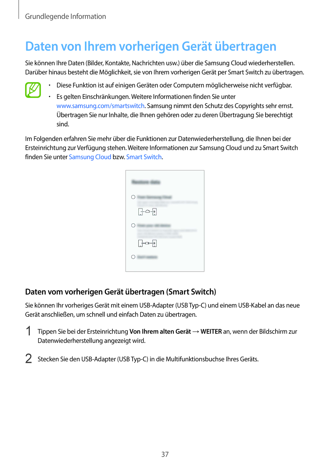 Samsung SM-G965FZKADBT Daten von Ihrem vorherigen Gerät übertragen, Daten vom vorherigen Gerät übertragen Smart Switch 
