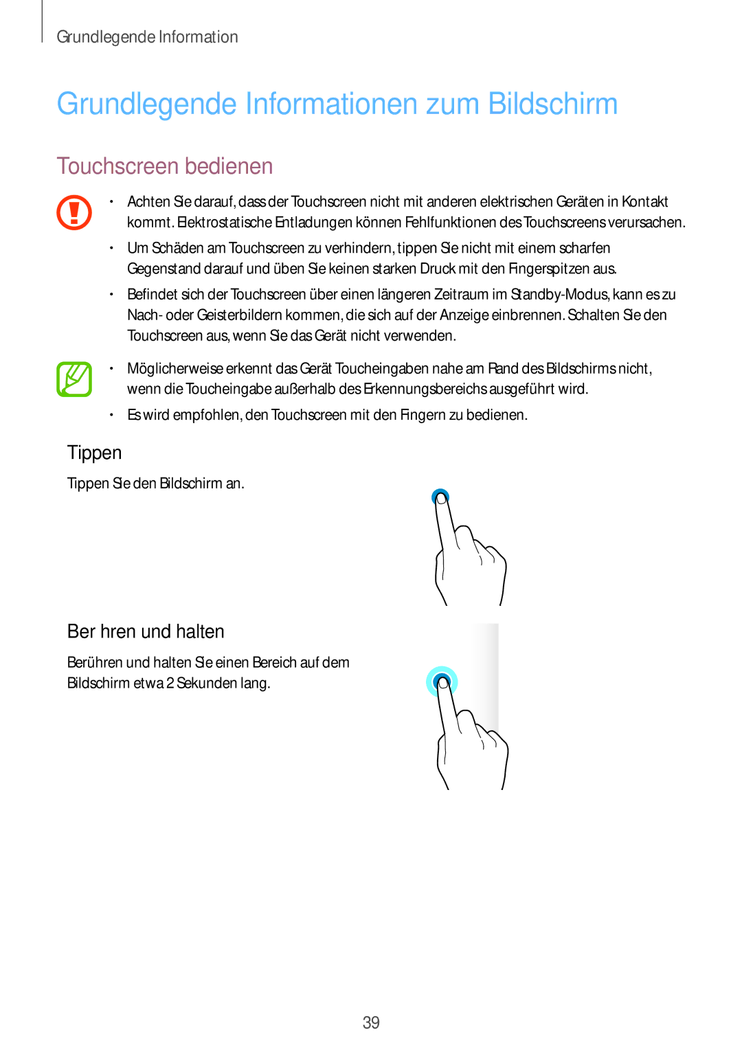 Samsung SM-G965FZPADBT manual Grundlegende Informationen zum Bildschirm, Touchscreen bedienen, Tippen, Berühren und halten 