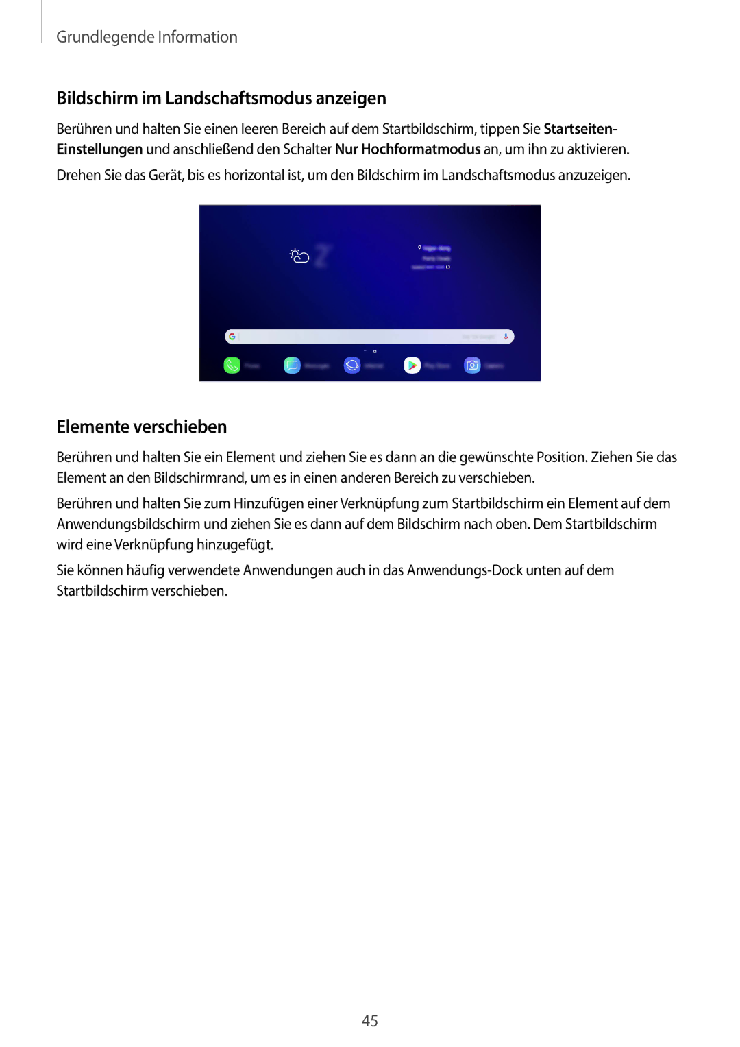 Samsung SM-G965FZKDDBT, SM-G960FZPDDBT, SM-G960FZAHDBT manual Bildschirm im Landschaftsmodus anzeigen, Elemente verschieben 