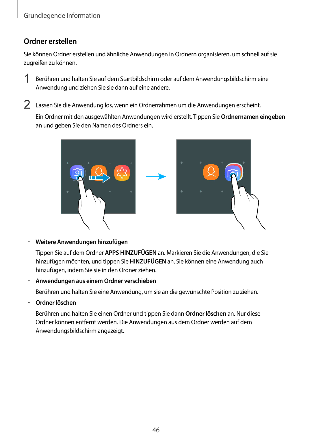 Samsung SM-G960FZKHDBT manual Ordner erstellen, Weitere Anwendungen hinzufügen, Anwendungen aus einem Ordner verschieben 