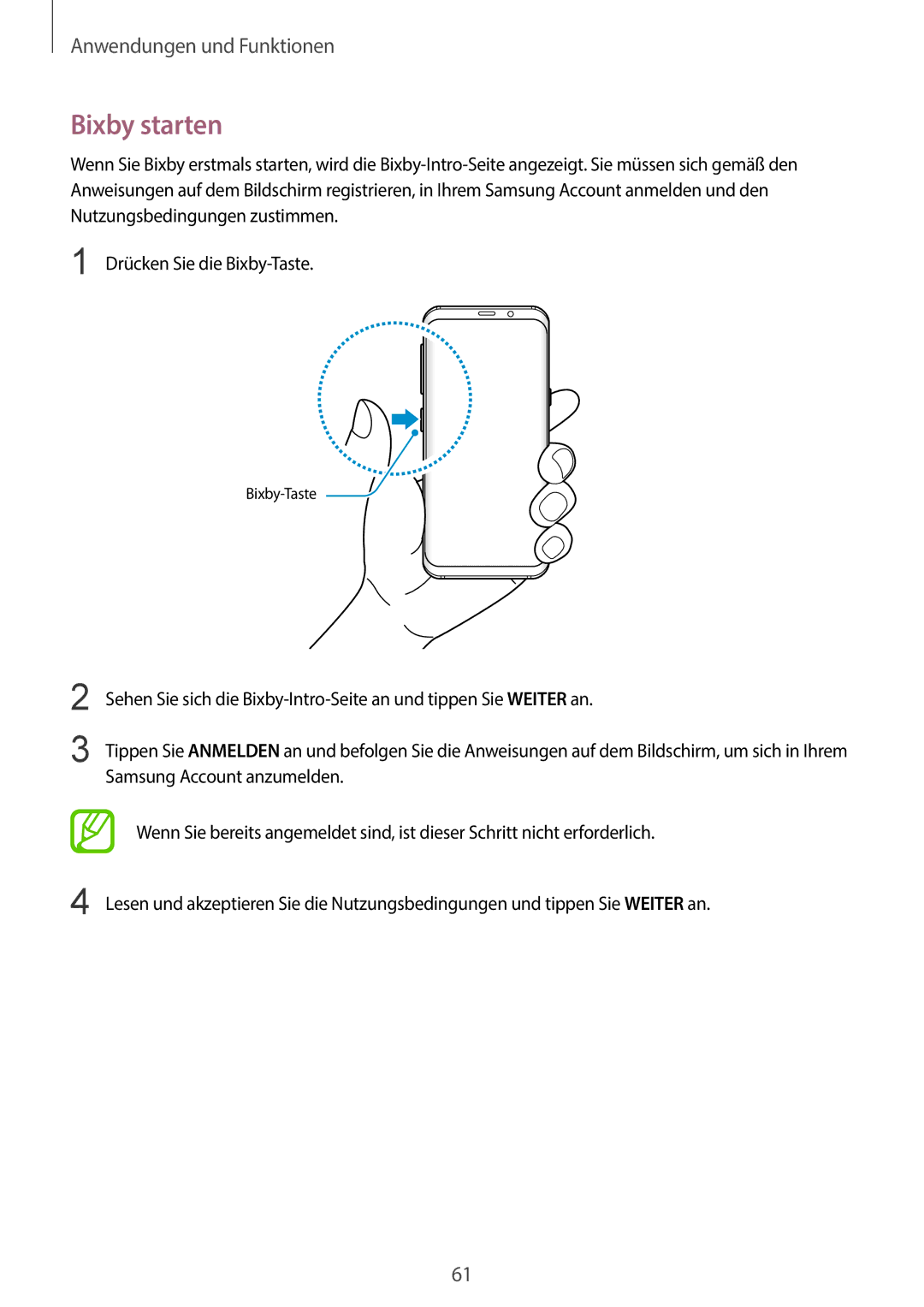 Samsung SM-G965FZKDDBT, SM-G960FZPDDBT, SM-G960FZAHDBT, SM-G960FZBDDBT, SM-G960FZBADBT, SM-G960FZPADBT manual Bixby starten 