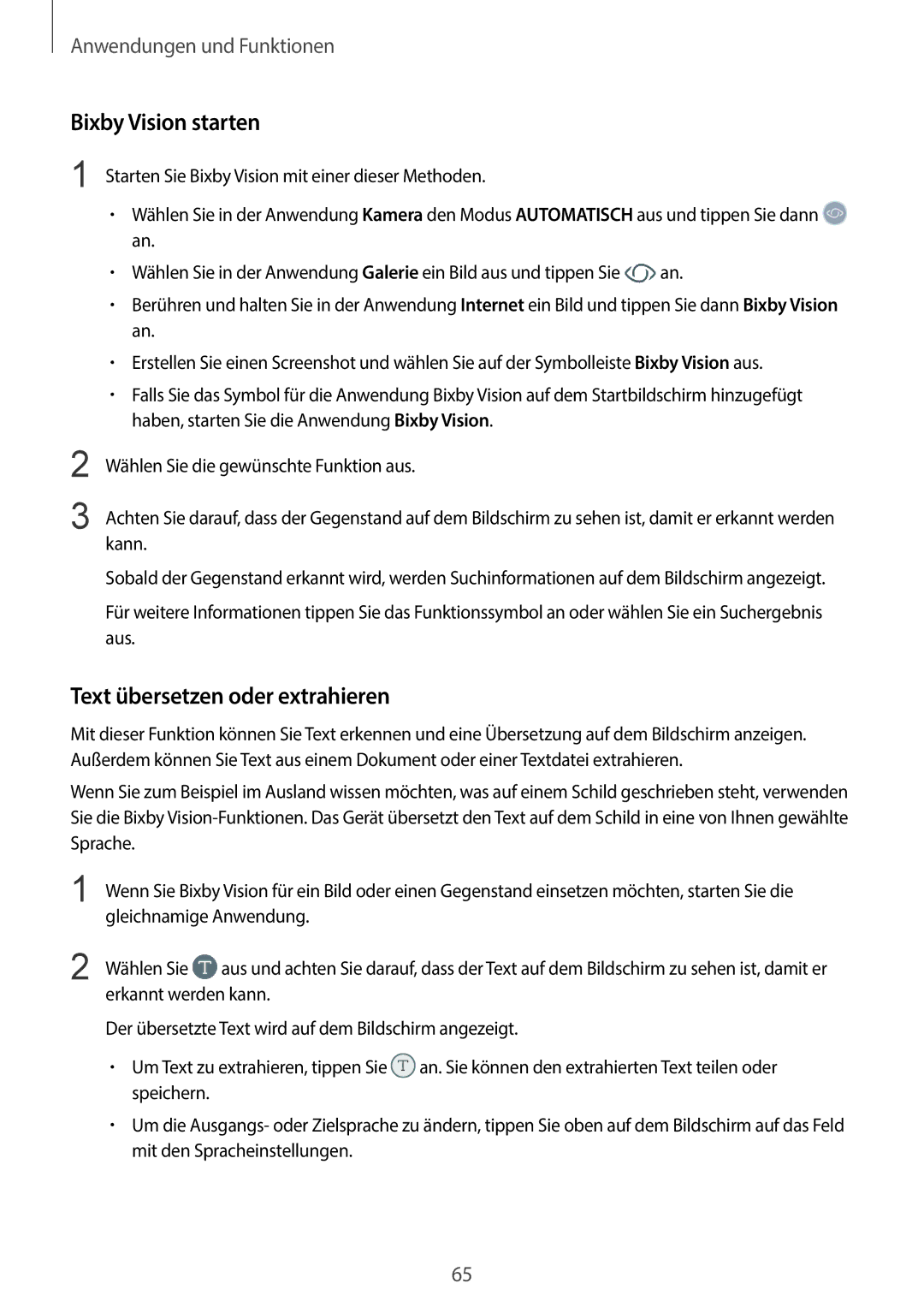 Samsung SM-G960FZAHDBT manual Bixby Vision starten, Text übersetzen oder extrahieren, Gleichnamige Anwendung, Wählen Sie 