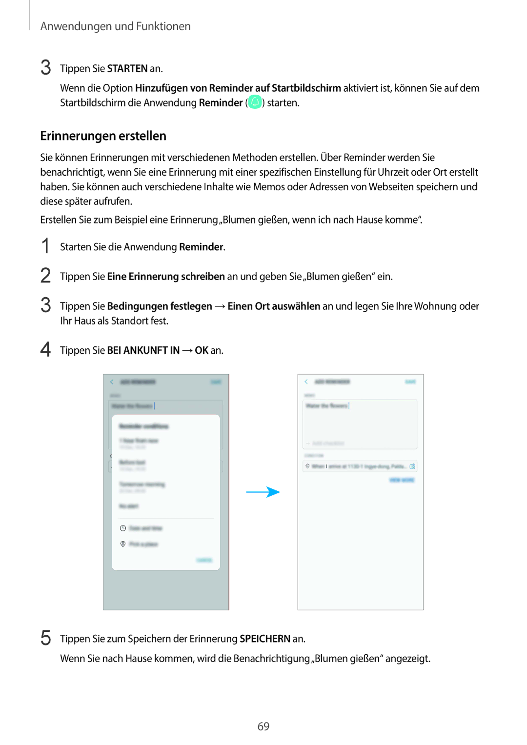 Samsung SM-G965FZKADBT, SM-G960FZPDDBT, SM-G960FZAHDBT, SM-G960FZBDDBT manual Erinnerungen erstellen, Tippen Sie Starten an 