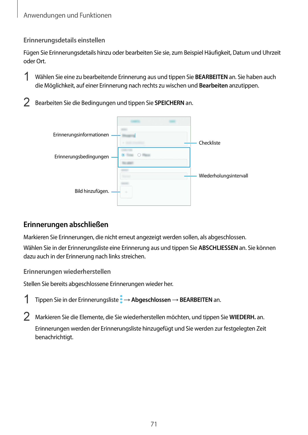 Samsung SM-G965FZPADBT manual Erinnerungen abschließen, Erinnerungsdetails einstellen, Erinnerungen wiederherstellen 