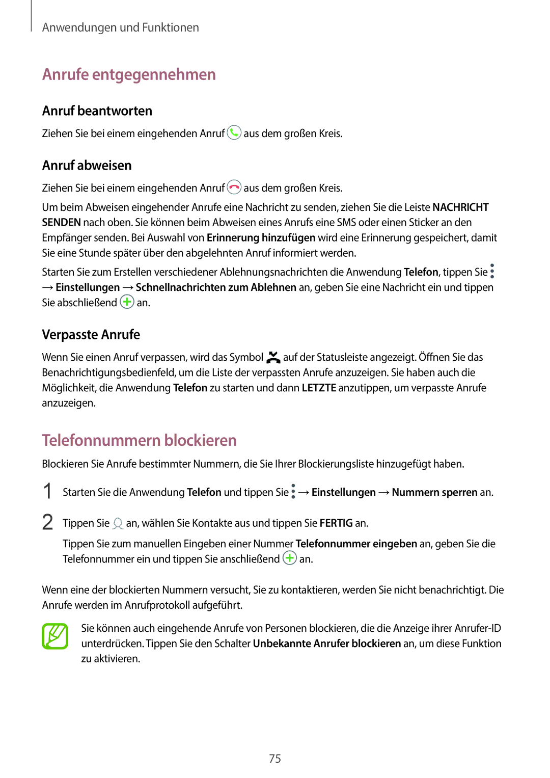 Samsung SM-G965FZAHDBT, SM-G960FZPDDBT Anrufe entgegennehmen, Telefonnummern blockieren, Anruf beantworten, Anruf abweisen 