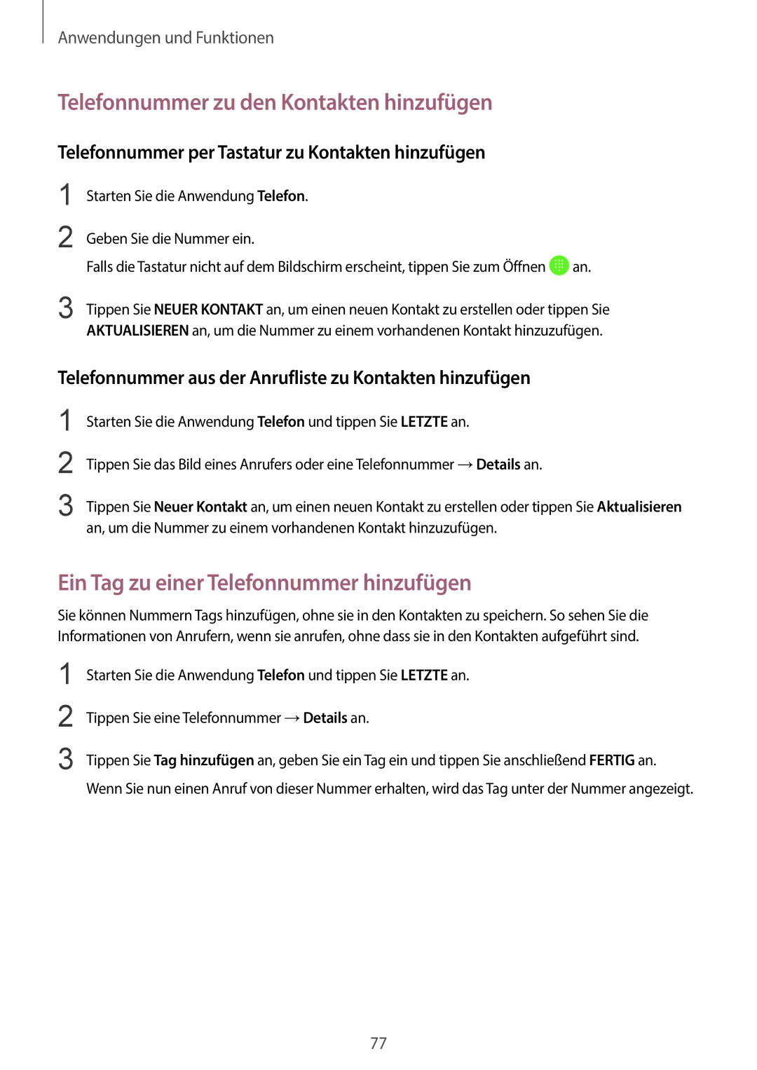 Samsung SM-G965FZKDDBT manual Telefonnummer zu den Kontakten hinzufügen, Ein Tag zu einer Telefonnummer hinzufügen 