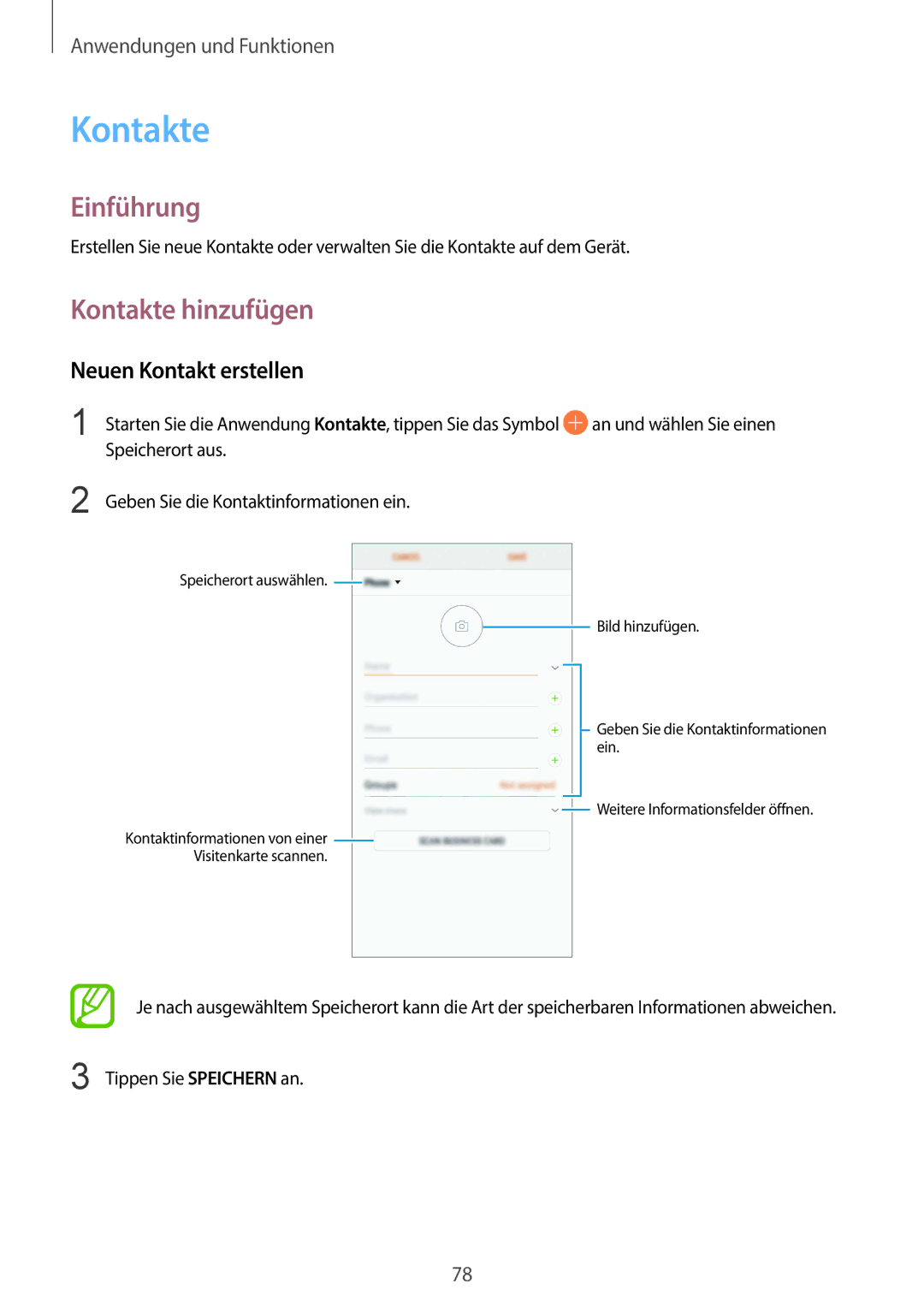 Samsung SM-G960FZKHDBT, SM-G960FZPDDBT manual Kontakte hinzufügen, Neuen Kontakt erstellen, Tippen Sie Speichern an 