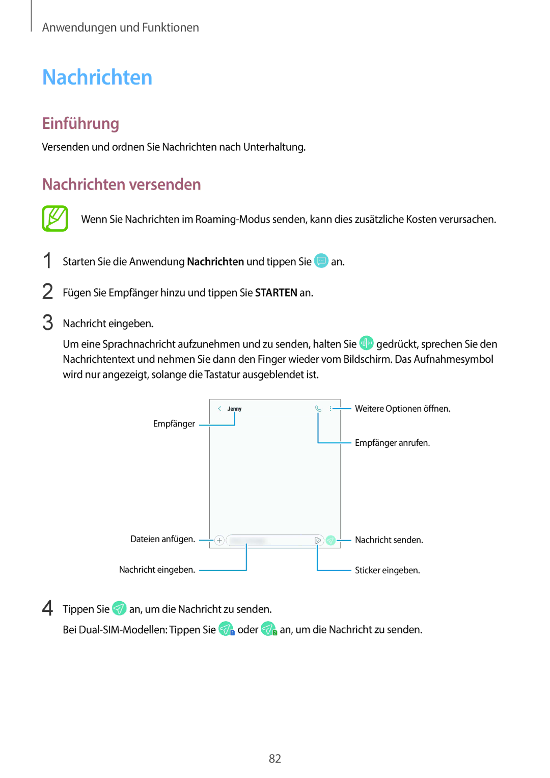 Samsung SM-G960FZBDDBT manual Nachrichten versenden, Versenden und ordnen Sie Nachrichten nach Unterhaltung, Tippen Sie 